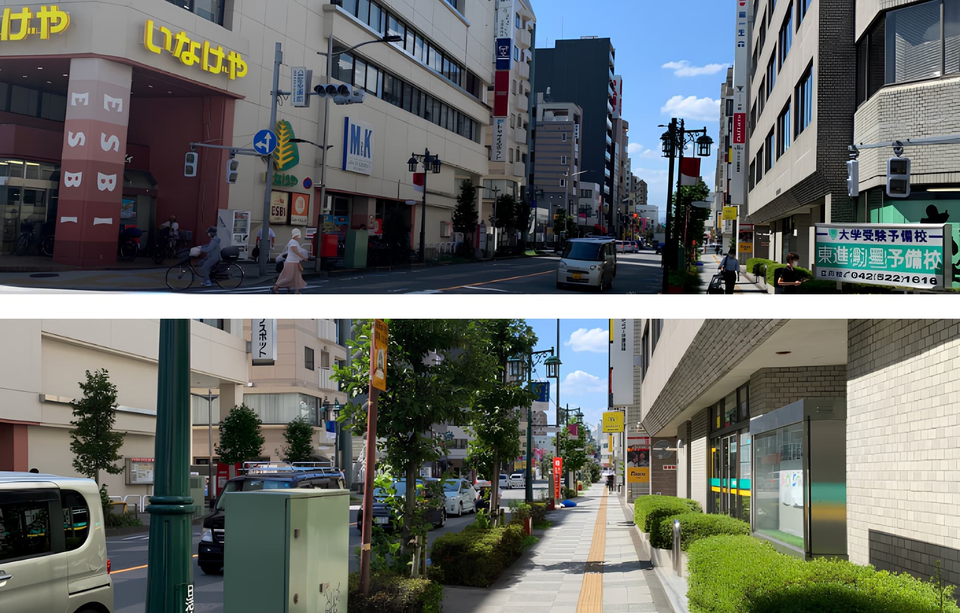 一つ目の信号（公証役場前）を渡りそのまままっすぐ、東進衛星予備校の前を進んでいきます。